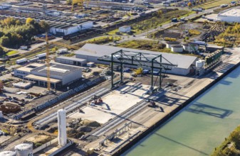 Aerial view, Lanfer Logistics and Maxi Terminal in the harbour at the Datteln-Hamm Canal in the
