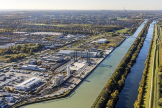 Aerial view, Lanfer Logistik and Maxi Terminal in the harbour at the Datteln-Hamm canal and river