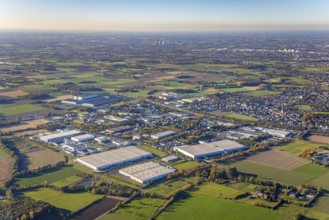 Aerial view, industrial park Rhynern between motorway A2 and federal road B63 in the district