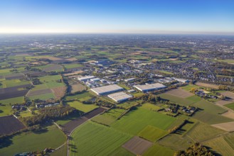 Aerial view, industrial park Rhynern between motorway A2 and federal road B63 in the district