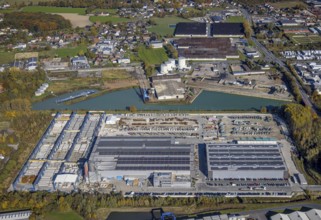 Aerial view, Goldbeck Betonelemente GmbH and Varo tank farm at the Datteln-Hamm canal in the