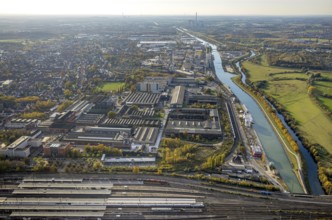 Aerial view, view from the central station to the harbour area with Datteln-Hamm canal and river