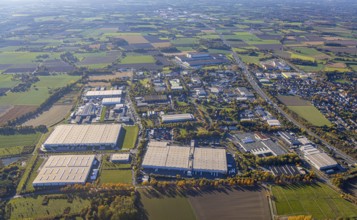Aerial view, industrial park Rhynern between motorway A2 and federal road B63 in the district