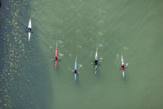 Aerial view, kayaking on the river Lippe in the district Mitte in Hamm, Ruhr area, North