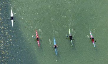 Aerial view, kayaking on the river Lippe in the district Mitte in Hamm, Ruhr area, North