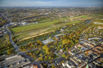 Aerial view, water sports centre at Nordringpark and Hamm airfield and new course of the flood