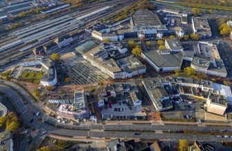 Aerial view, city centre at Platz der Deutschen Einheit and new building at Neue Bahnhofstraße in