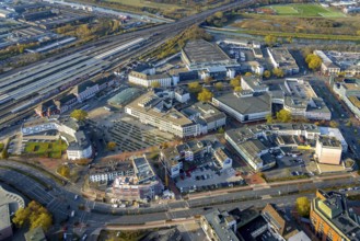 Aerial view, city centre at Platz der Deutschen Einheit and new building at Neue Bahnhofstraße in
