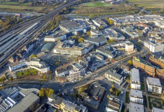 Aerial view, city centre at Platz der Deutschen Einheit and new building at Neue Bahnhofstraße in