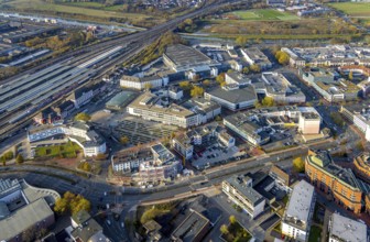 Aerial view, city centre at Platz der Deutschen Einheit and new building at Neue Bahnhofstraße in