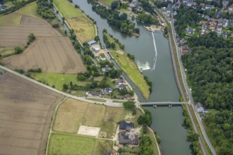 Aerial view, at the Dahlhauser swimming bridge, a week ago there was still land under water at this