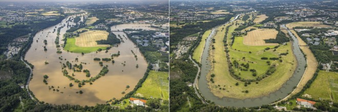 Aerial photograph, Ruhr flood, flooding, Ruhrschleife Isenbergstraße, on 15 July 2021 and then in