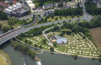Aerial view, a week ago the Ruhr was still flooded, course of the Ruhr, Hattingen, Ruhr area, North