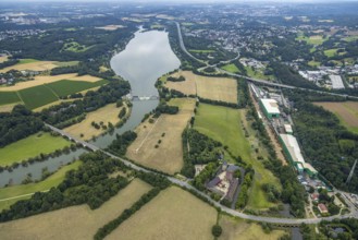 Aerial view, Haus Kemnade, a week ago there was still land under water here - the Ruhr was