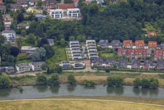 Aerial view, a week ago the Ruhr was still flooded, course of the Ruhr, Hattingen, Ruhr area, North
