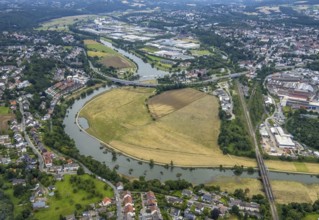 Aerial view, a week ago there was still land under water here - the Ruhr was flooding, course of