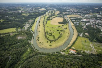 Aerial view, the Ruhr loop near Hattingen at Isenburgstraße, a week ago there was still land under