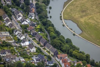Aerial view, a week ago there was still land under water here - the Ruhr was flooding, course of