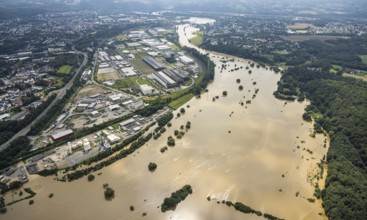 Aerial photo, Ruhr flood, flooding, Stiepel, city limits Bochum Hattingen, Ruhr area, North