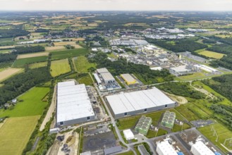 Aerial view, construction site and new building DistributionPark Hamm, Trianelstraße and