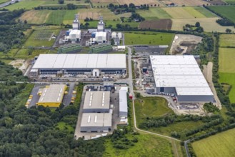 Aerial view, construction site and new building in DistributionPark Hamm, Trianelstraße and