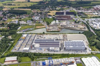 Aerial view, construction site and new building in DistributionPark Hamm, Trianelstraße and