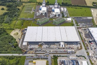 Aerial view, construction site and new building in DistributionPark Hamm, Trianelstraße and