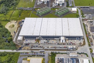 Aerial view, construction site and new building in DistributionPark Hamm, Trianelstraße and