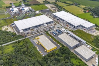 Aerial view, construction site and new building DistributionPark Hamm, Trianelstraße and