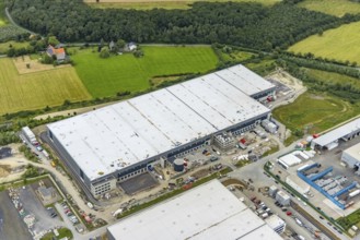 Aerial view, construction site and new building in DistributionPark Hamm, Trianelstraße and