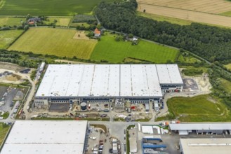 Aerial view, construction site and new building in DistributionPark Hamm, Trianelstraße and