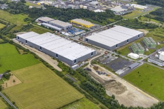 Aerial view, construction site and new building DistributionPark Hamm, Trianelstraße and