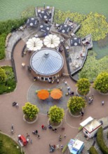Aerial view, Maximilianpark leisure park, kiosk at the lake, Uentrop, Hamm, Ruhr area, North