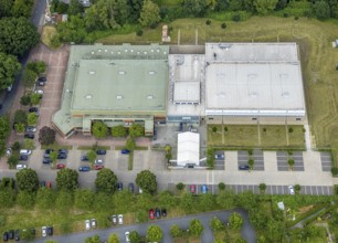 Aerial view, vaccination centre Hamm, new triple sports hall of the Friedensschule, centre, Hamm,