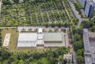 Aerial view, vaccination centre Hamm, new triple sports hall of the Friedensschule, centre, Hamm,