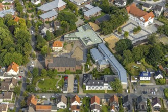 Aerial view, catholic Heilig Kreuz church and Caritas retirement home St. Josef in the district of
