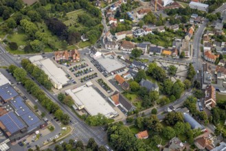 Aerial view, local supply centre with Rewe, Edeka and Aldi supermarket on Dortmunder Straße in