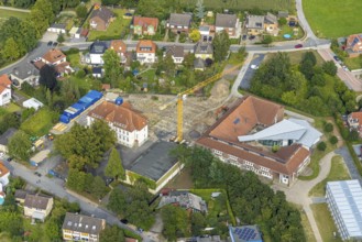 Aerial view, construction site with extension of the Falkschule / Arnold-Freymuth-Gesamtschule in