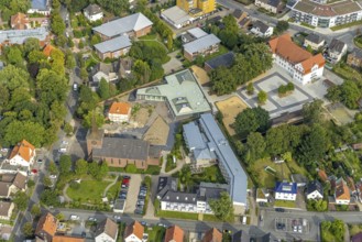 Aerial view, catholic Heilig Kreuz church and Caritas retirement home St. Josef in the district of