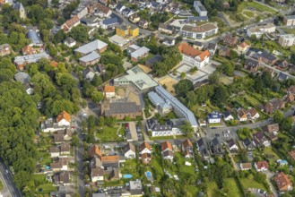 Aerial view, Heilig Kreuz catholic church and Caritas retirement home St. Josef in the district of