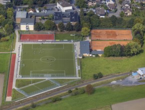 Aerial view, football training on the sports field Alte Soester Straße in the district Uentrop in