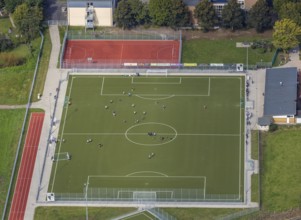 Aerial view, football training on the sports field Alte Soester Straße in the district Uentrop in