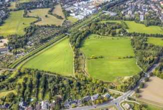 Aerial view, meadows and fields at the allotment garden association Ahsetal in the district Mitte