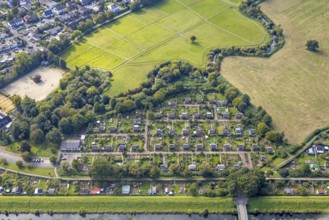 Aerial view, meadows and fields at the allotment garden association Ahsetal in the district Mitte