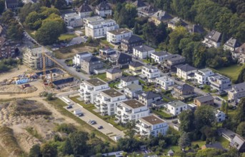 Aerial view, construction site and new construction of the Paracelsuskarree housing estate at the