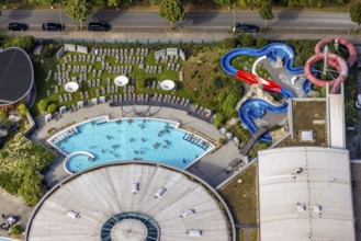 Aerial view, Maximare Erlebnistherme Bad Hamm and bathers in the swimming pool in the district