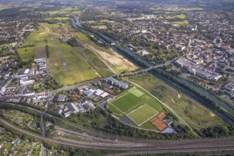 Aerial view, Hamm airfield and construction site for the Lippe floodplain experience project on the