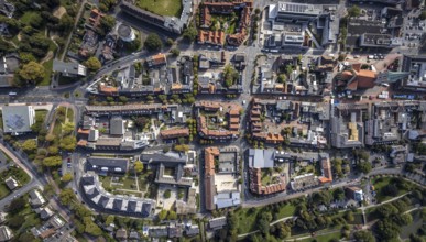 Aerial view, residential area Nordenwall and Oststraße with catholic parish church St. Agnes and