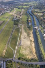 Aerial view, Hamm airfield and construction site for the Lippe floodplain experience project on the