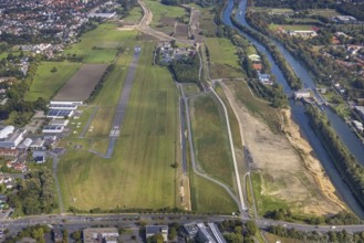 Aerial view, Hamm airfield and construction site for the Lippe floodplain experience project on the